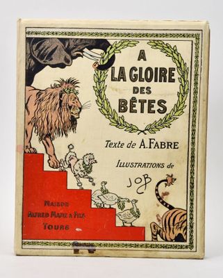 an old book with a picture of a lion and a tiger on it