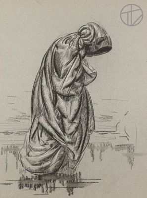 an old drawing of a woman standing in the water with her head in her hands