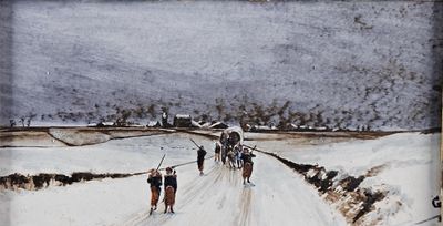 un tableau représentant un groupe de personnes à cheval sur une route enneigée