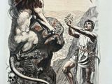an image of a drawing of a man holding a sword next to a man with a bird on his head