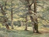 tableau représentant une scène boisée avec des arbres et de l'herbe au premier plan