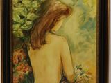 une peinture à l'huile représentant une femme assise sur une chaise avec un bouquet de fleurs