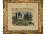 an oil painting of a farm scene with a fence and trees