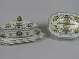 two pieces of porcelain dishes and a platter with a lid