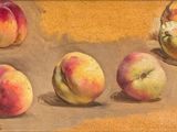 painting of peaches on a table with a basket of peaches