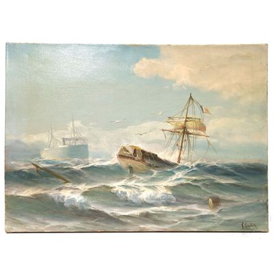 une peinture à l'huile représentant un bateau sur une mer agitée, avec d'autres bateaux en arrière-plan