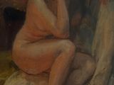 painting of a nude woman sitting on a chair with her hand on her chin