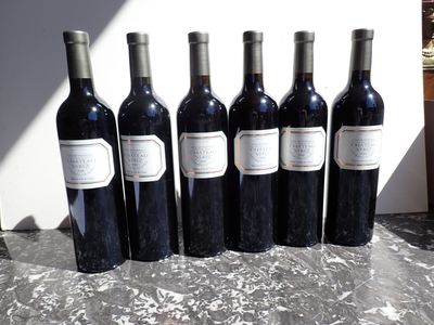 six bouteilles de vin rouge sont alignées sur une table