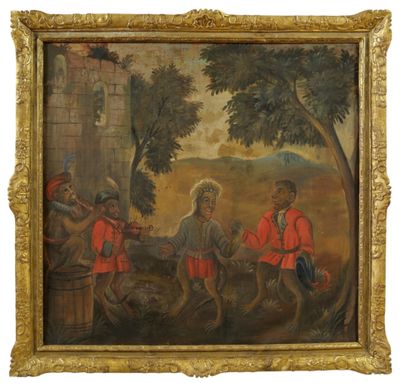 un tableau représentant un groupe d'hommes jouant de la musique dans un décor boisé