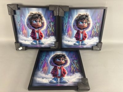 a couple of pictures of a boy in a red coat and a girl in a red coat
