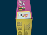 a pink box with a picture of a girl and a cat on it