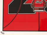 signed and numbered chicago bulls art print of a lego man holding a chicago bulls jersey