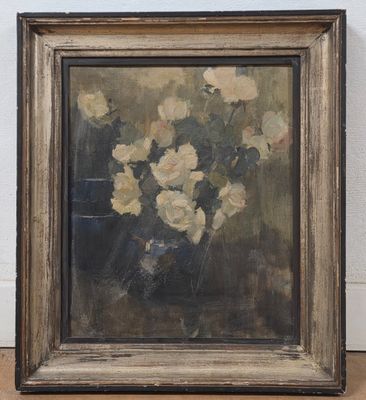 painting of white flowers in a vase on a wooden floor
