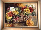 painting of a basket of flowers with sunflowers on a table