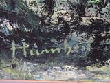 a picture of a painting of a forest with a name written on it