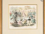 painting of a group of people standing around a baby carriage