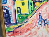 a picture of a painting of a person walking down the street