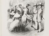 illustration of a group of people standing around a man in a hat
