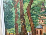 a picture of a painting of a church in the woods