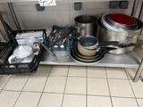 pots and pans sitting on a shelf in a kitchen