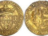 a gold coin with a crown on the front and a shield on the back