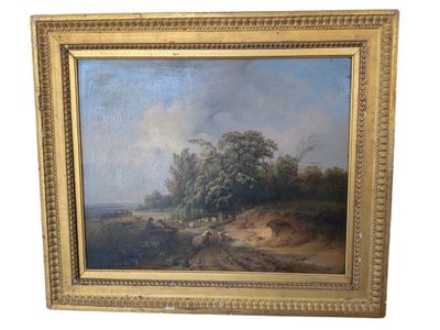 an oil painting of a landscape with trees in the distance