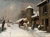 un tableau représentant une calèche tirée par des chevaux dans une rue enneigée