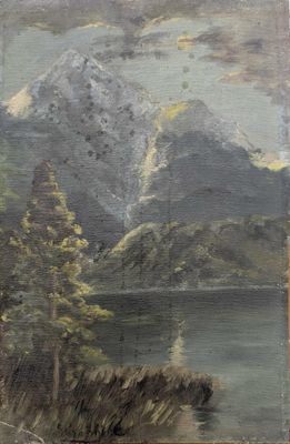 an oil painting of a mountain scene with a lake in the foreground