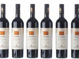 six bottles of red wine are lined up on a white surface