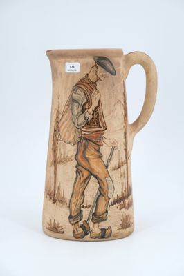a brown pitcher with a picture of a man on it