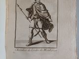 an old book with a drawing of a man holding a sword