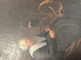 painting of an old man sitting in a chair next to a spinning wheel