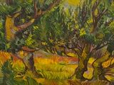 an oil painting of a field with trees in the background