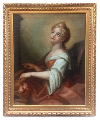 an old painting of a woman with a dog in a chair