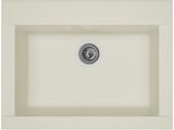 a white kitchen sink with a drain in the center