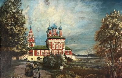 painting of a painting of a church in a rural setting