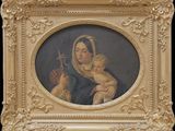 une peinture ancienne représentant une femme tenant un bébé dans ses bras
