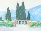 painting of a view of a garden with trees and a stone wall
