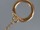 a close up of a gold chain with a ring on top of it