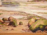 a painting of rocks on the beach by the water