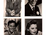 four black and white photos of a man and woman in suits