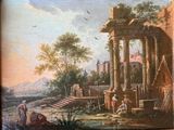 an old painting of a landscape with a man and a woman in the foreground