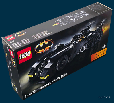 lego batman batmobile set in a box on a blue background