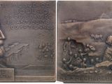 a close up of a metal plaque with a man and a dog