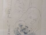 a drawing of a woman holding a cat in her lap