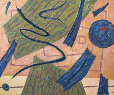 peinture abstraite représentant une boule bleue et un arbre vert, avec une étoile rouge au centre