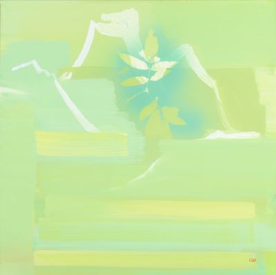 abstract painting of a cat sitting on top of a pile of books