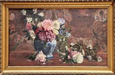 a painting of flowers in a vase on a table