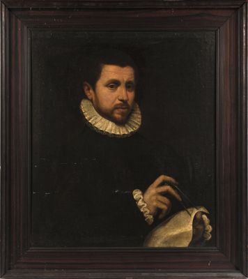 portrait of a man in a black dress holding a book