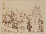 dessin représentant une vue d'une ville avec une tour horloge au loin